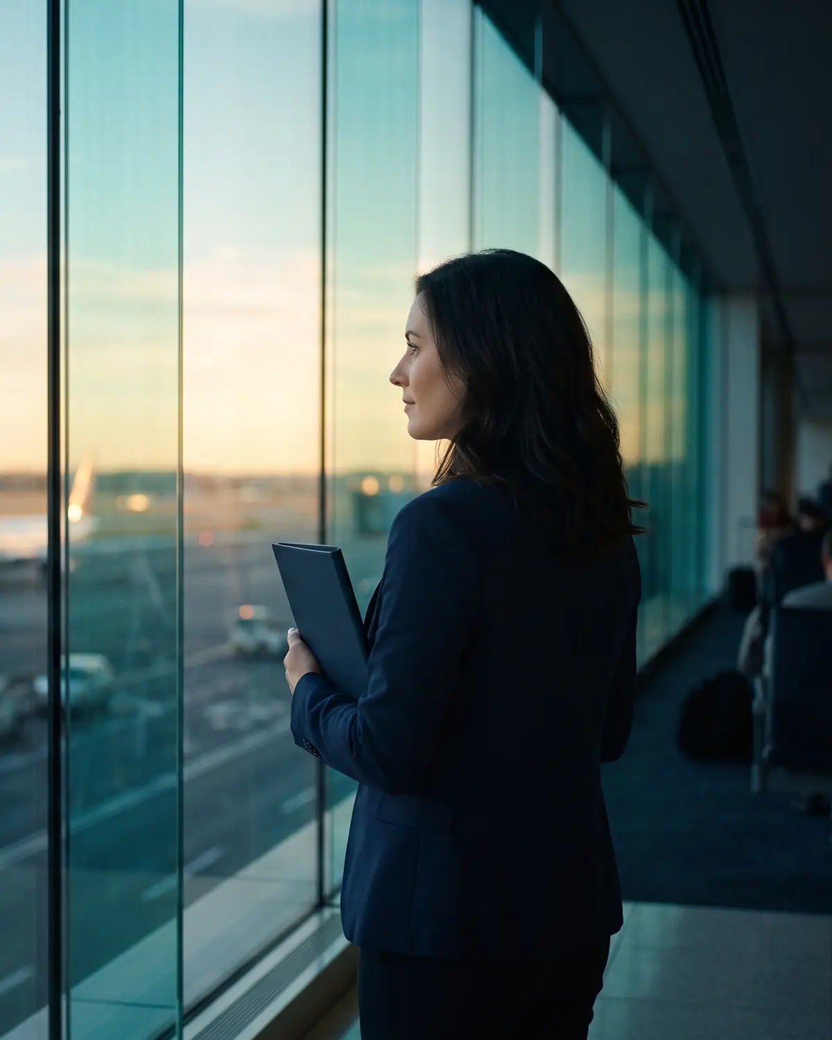 A professional holding a folder of documents, looking out at the runway from an airport window at sunrise