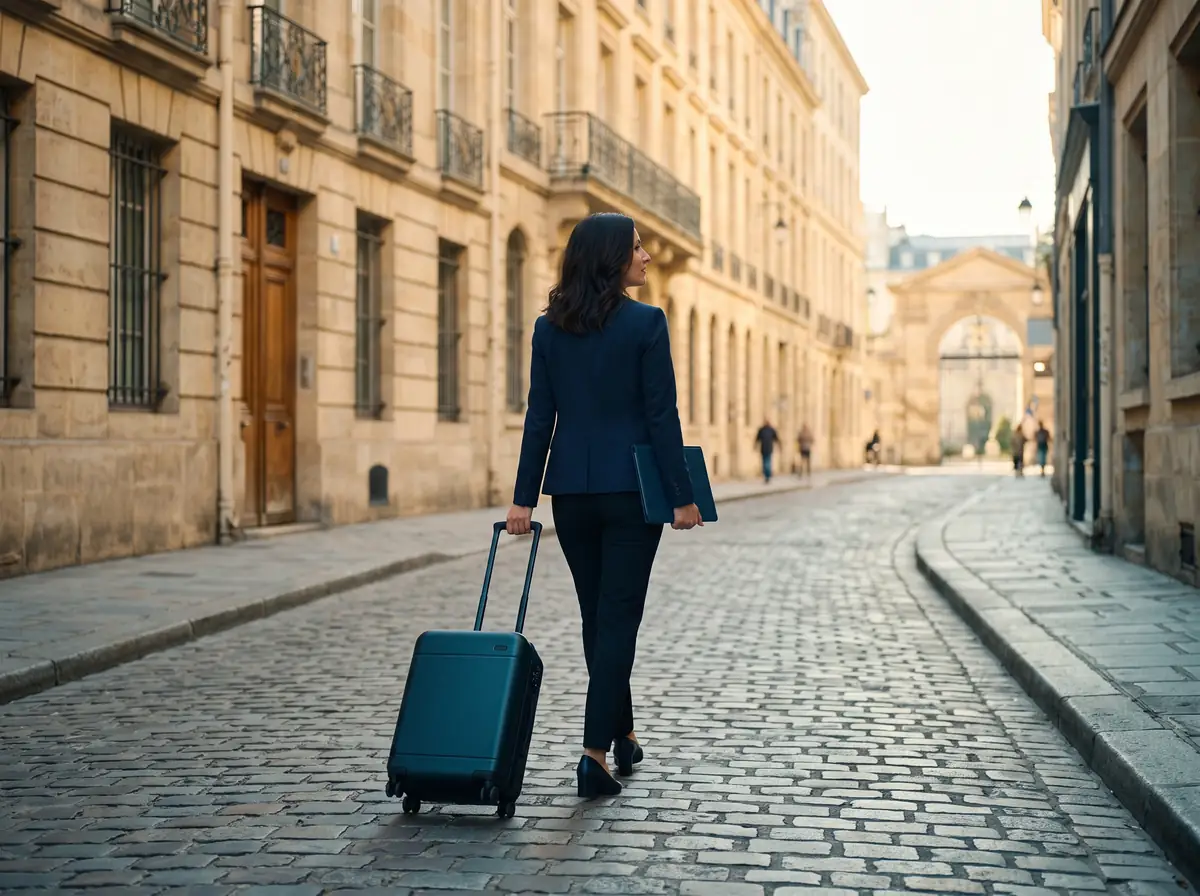A professional with a suitcase and a folder walking down a sunlit stone street in a European city